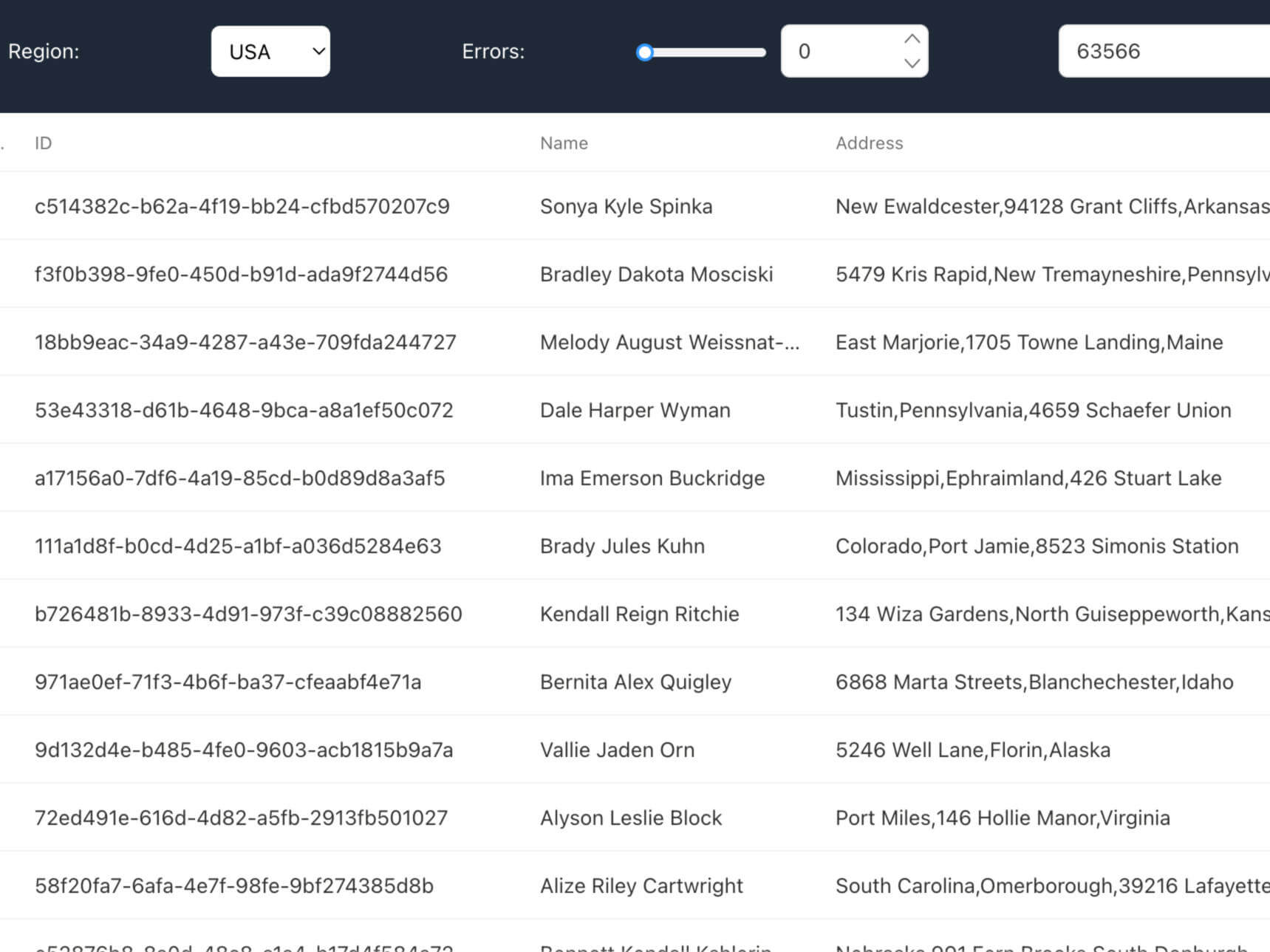 Screenshot of fakeData app